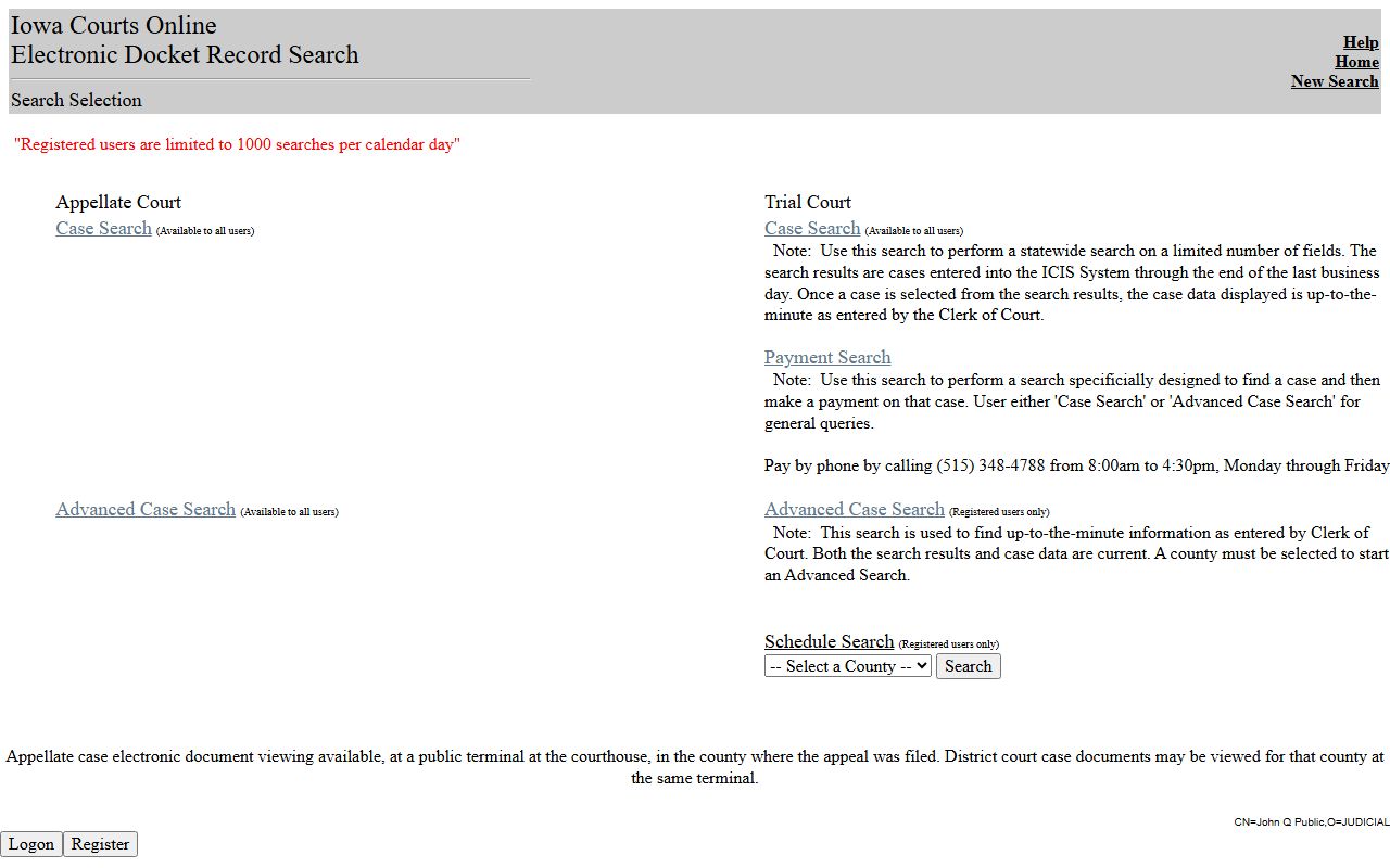 Iowa Judicial Branch search court records page